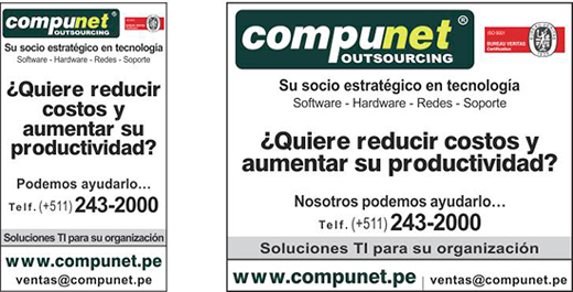 Avisos de Compunet Peru en Medios de  Negocios Dia1 y Mi Empresa (Fuera de circulación).