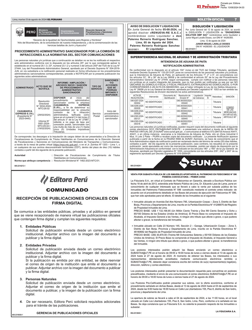 Muestra de Avisos Legales de Liquidacion en Boletin Oficial del diario El Peruano