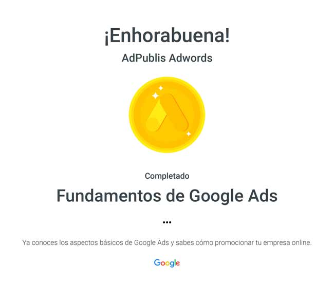 Certificado Google Ads Administracion Publicidad Internet para AdPublis