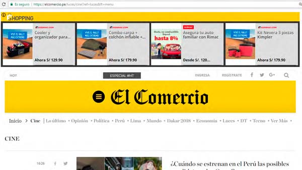 Muestra de anuncios de la Red Shopping en El Comercio web